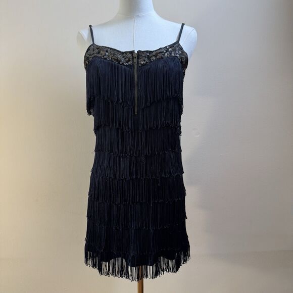Vintage Forever 21 All Over Fringe + Sequin Mini Dress Black Size M - Picture 1 of 8
